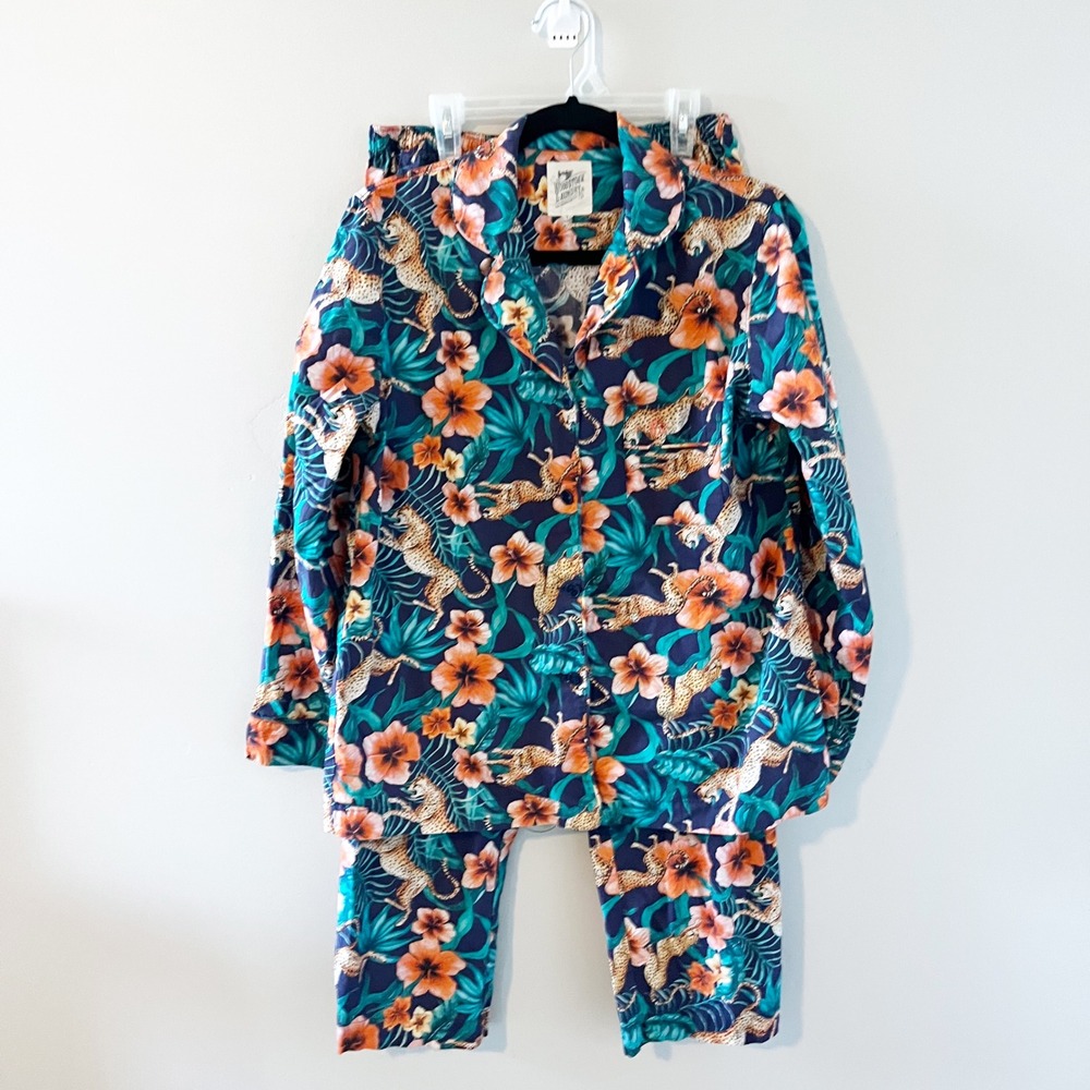 Woodstock Laundry Tropical Leopard Floral Button-Up Pajama Set 100% Cotton Small
